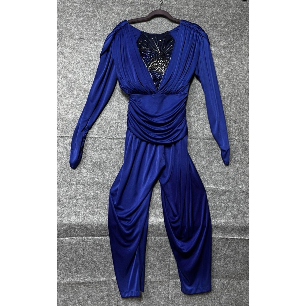 Vtg 80s Susan Roselli for Vijack Royal Blue Harem Jumpsuit Sequin V-Neck Small